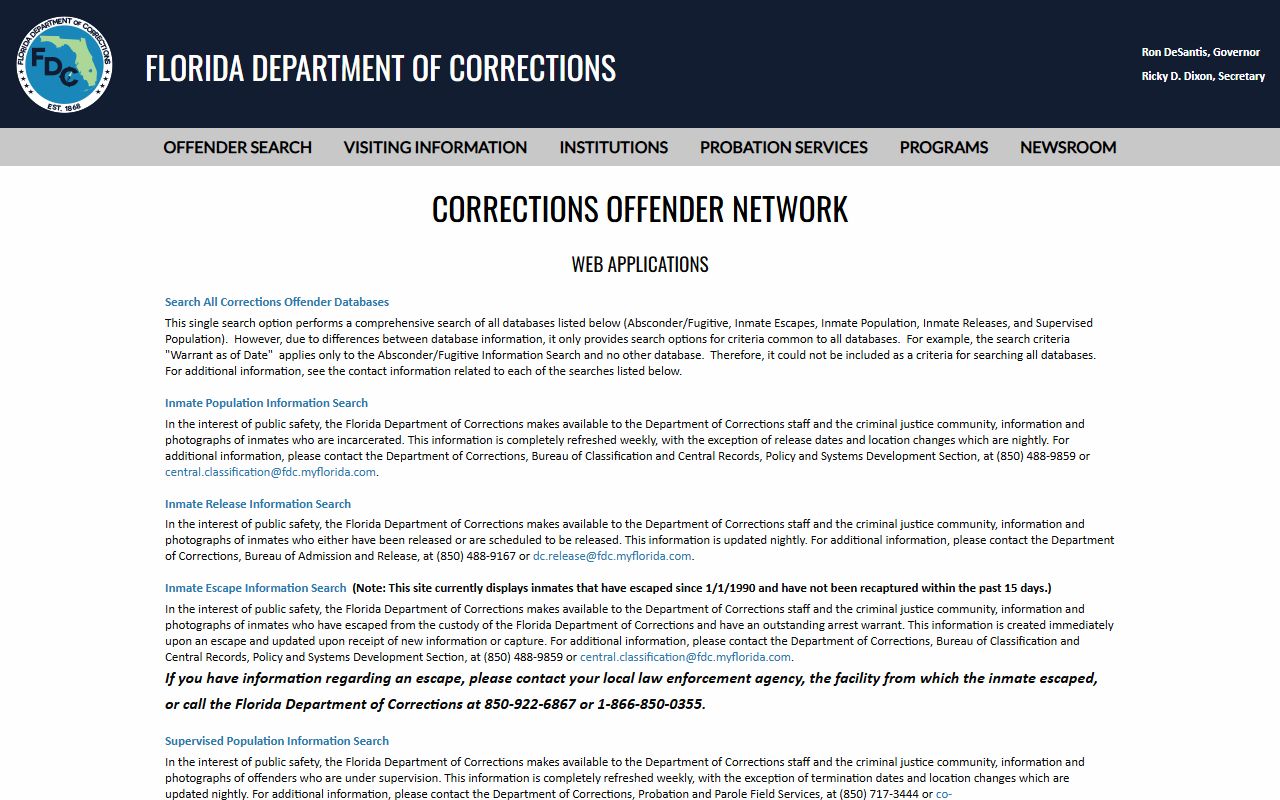 Florida Department of Corrections inmate offender search database