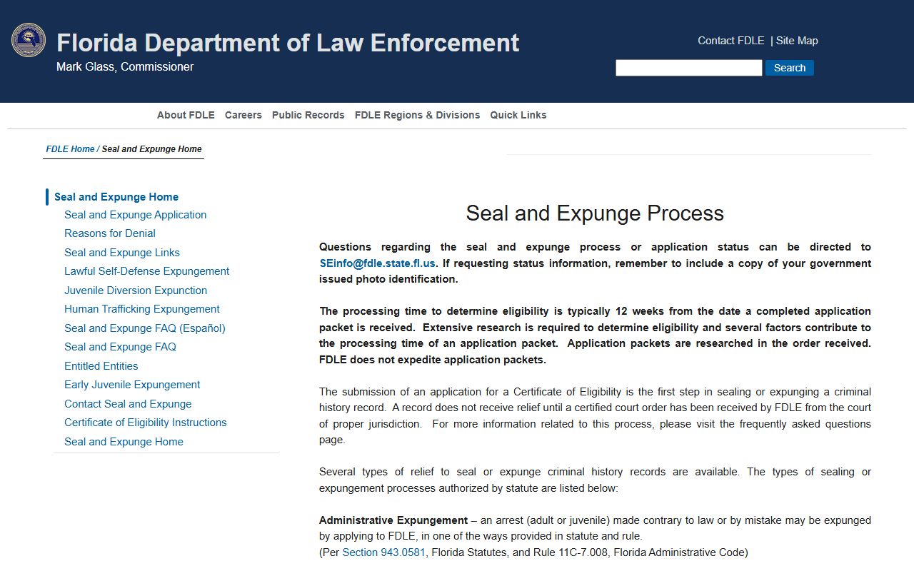 FDLE Florida seal and expunge criminal records process page